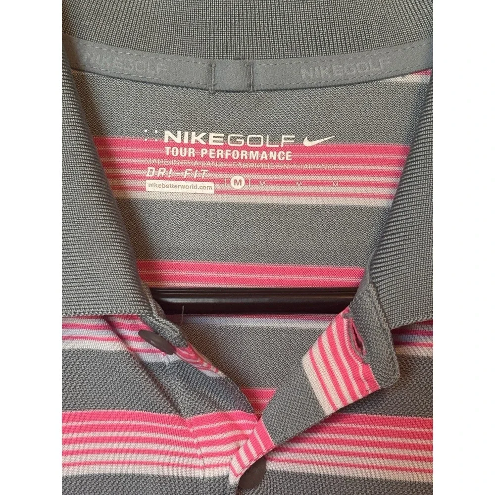 Nike Dri Fit Shirt Golf Polo Men‎ Medium Pink Gray White Stripe Tour Performance